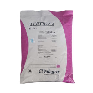 Pink and white 5 kg fertilizer bag with 'FERRILENE' branding and Valagro logo, packaging text and barcode visible